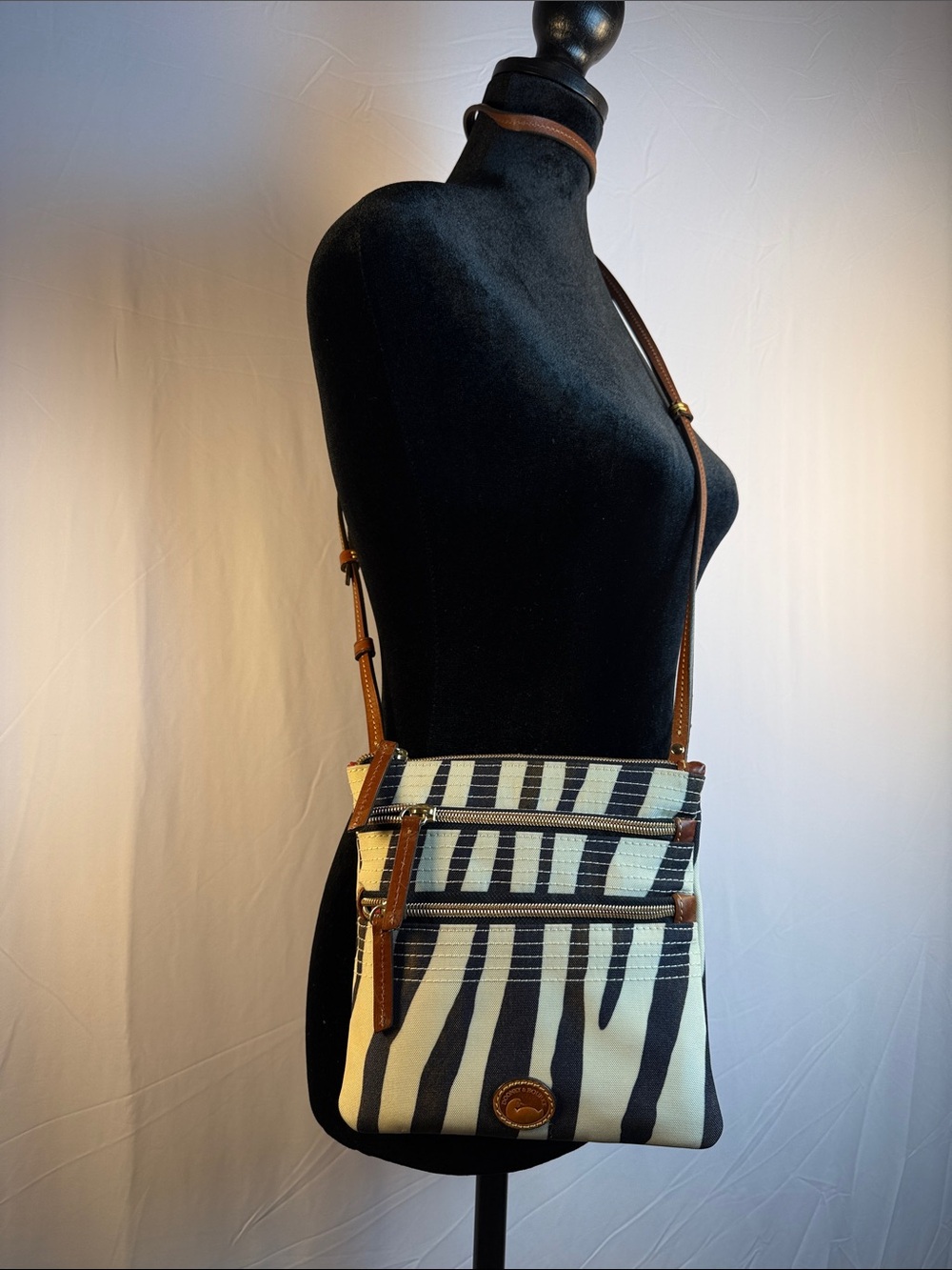 Dooney & Bourke Vintage Black & Cream Zebra-Print Crossbody Bag with Brown Trim